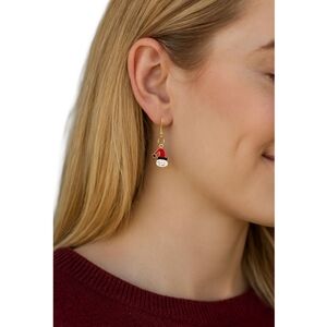 Red & White Enamel Christmas Cat Dangle Earrings • Gold-Tone Holiday Jewelry